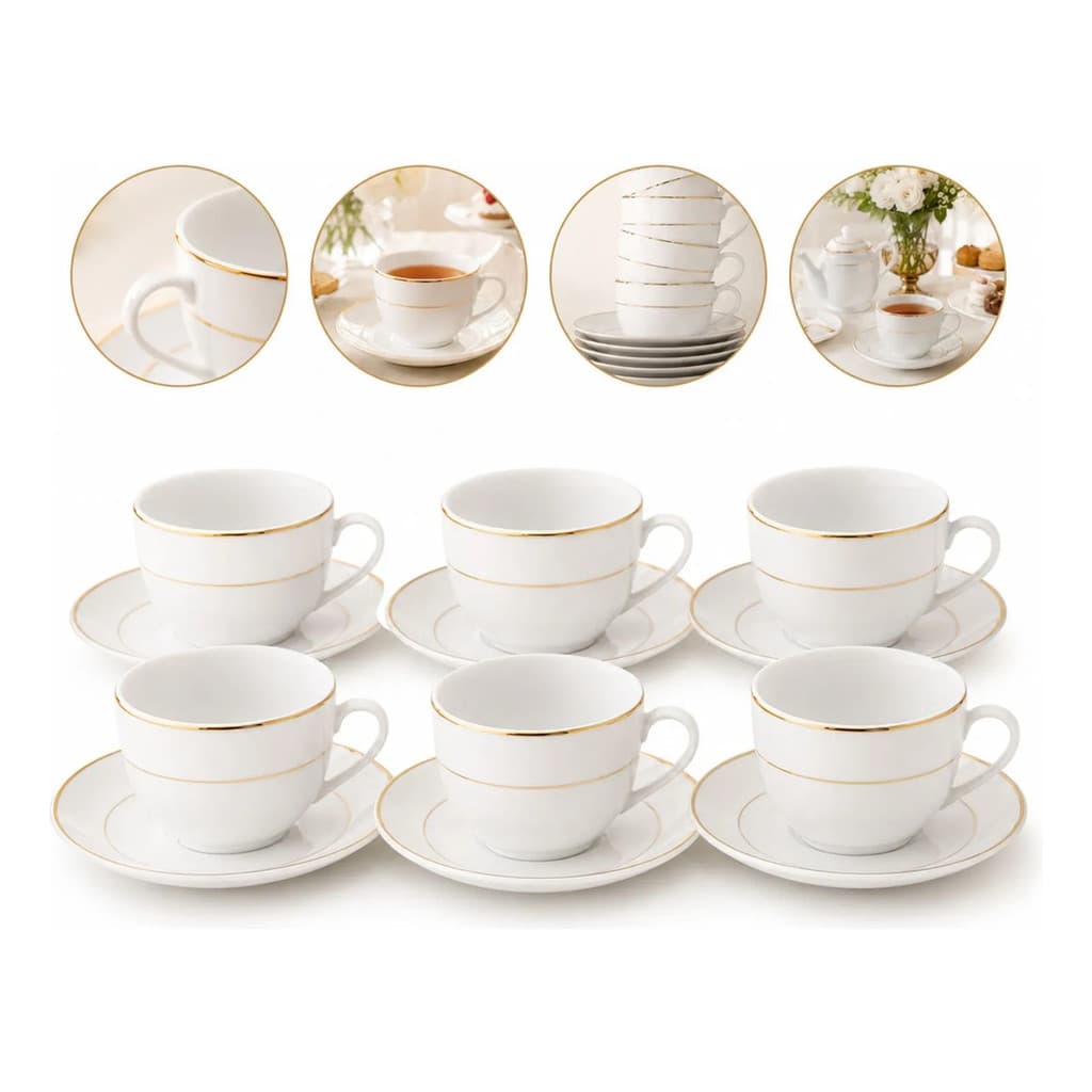 Jogo De Xicaras Porcelana 220ml Café Chá Borda Dourada Wolff
