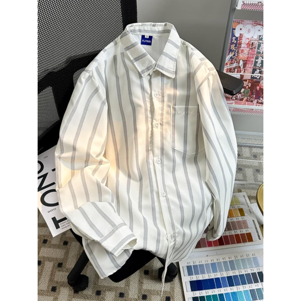 Camisa listrada com bloqueio de cores masculina de manga comprida solta verão Drape camisa de seda gelo americana na mod