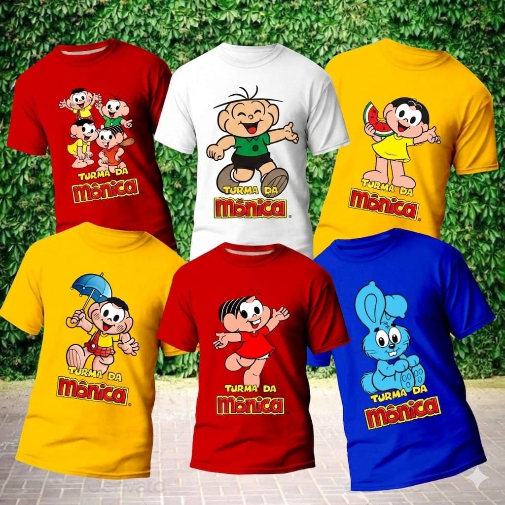 Camiseta Turma da Monica Personagens Cebolinha Cascão Monica Infantil e Adulto Magali Sansão Camisa Algodão Festa