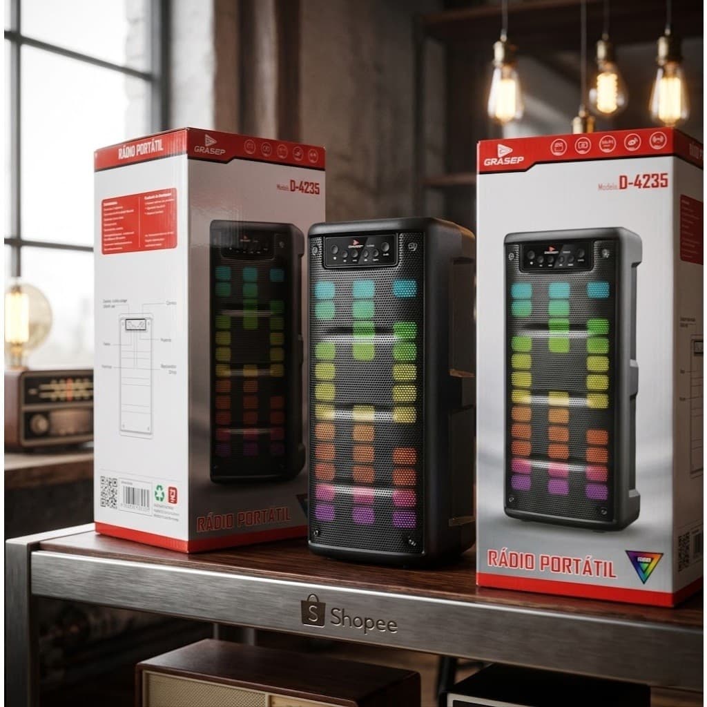 Caixa de Som Bluetooth Potente 20W Grasep D-4235 RGB Rádio FM USB Copa do Mundo