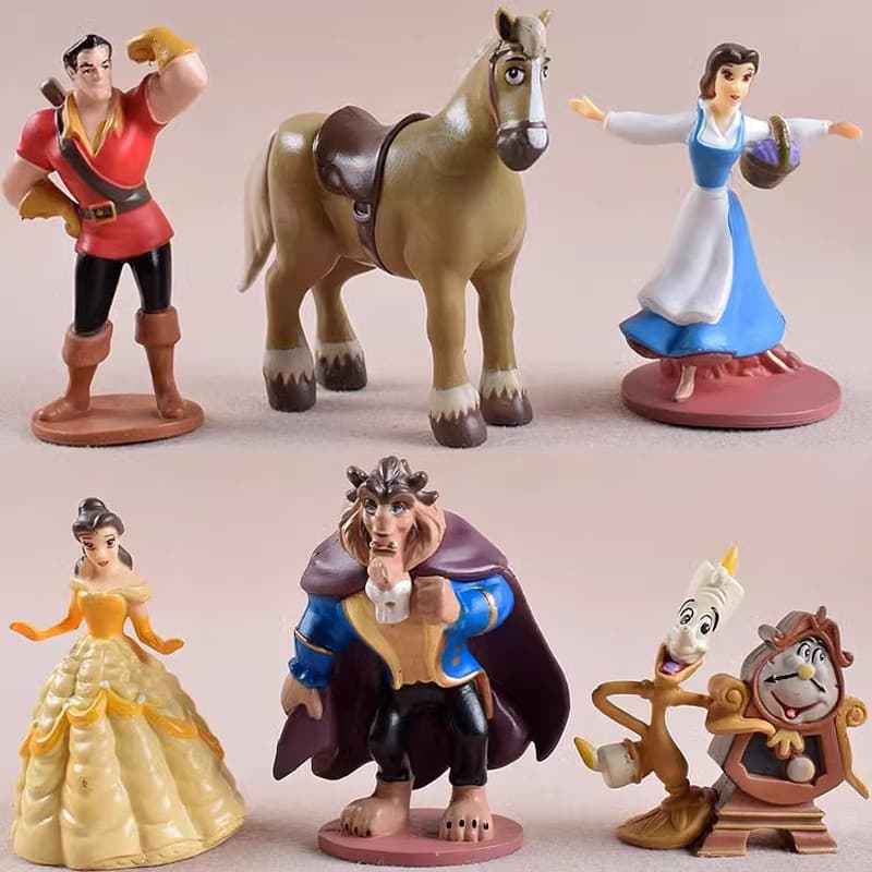 Conjunto de 6 peças, 7-10 cm, personagens do filme de animação "A Bela e a Fera": Bela, Princesa, Gaston, Relógio Desper