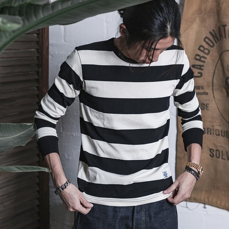 2024 outono inverno não estoque preto branco listras horizontais padrão de prisão manga comprida camiseta Base magro-aju