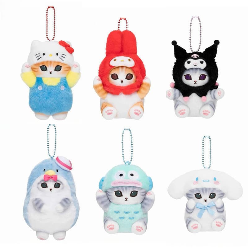 Os brinquedos de pelúcia da série Sanrio incluem adoráveis gatos tubarão, Kuromi, Hello Kitty, My Melody, Kokomoro e cha