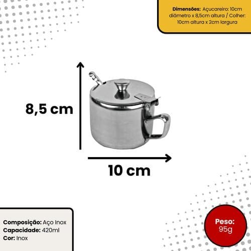 Açucareiro Aço Inox Capacidade 420ml Com Colher Resistência Durabilidade Praticidade