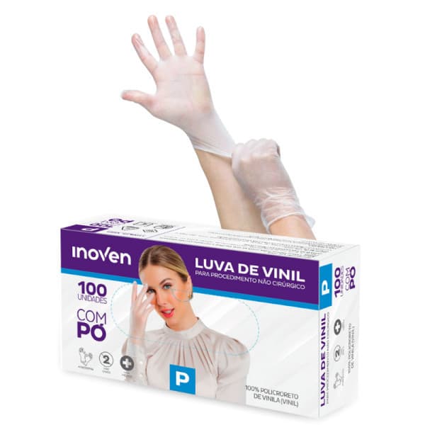 Luva Vinil COM PÓ Tam P, M, G  Descartável COM 100 Unid