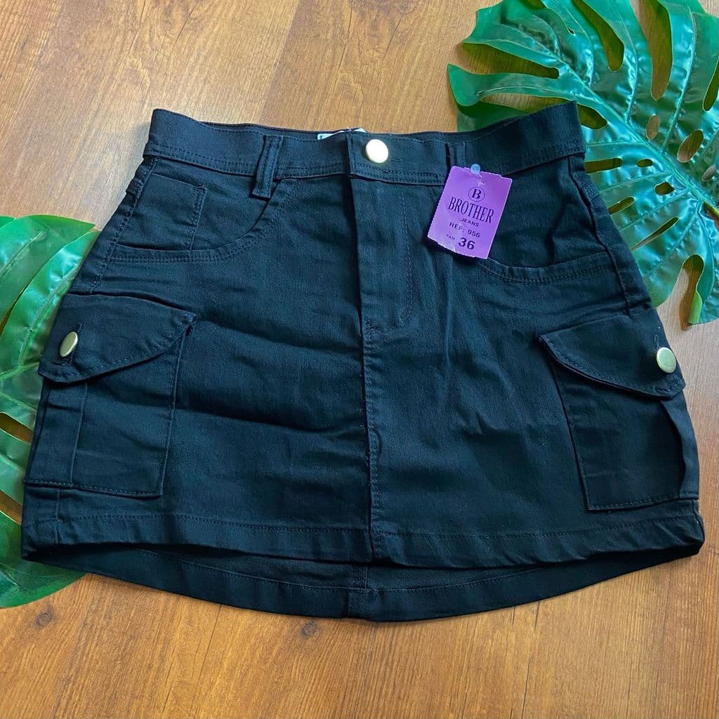 Saia jeans preto feminino cargo 34 a 46 cintura alta curto