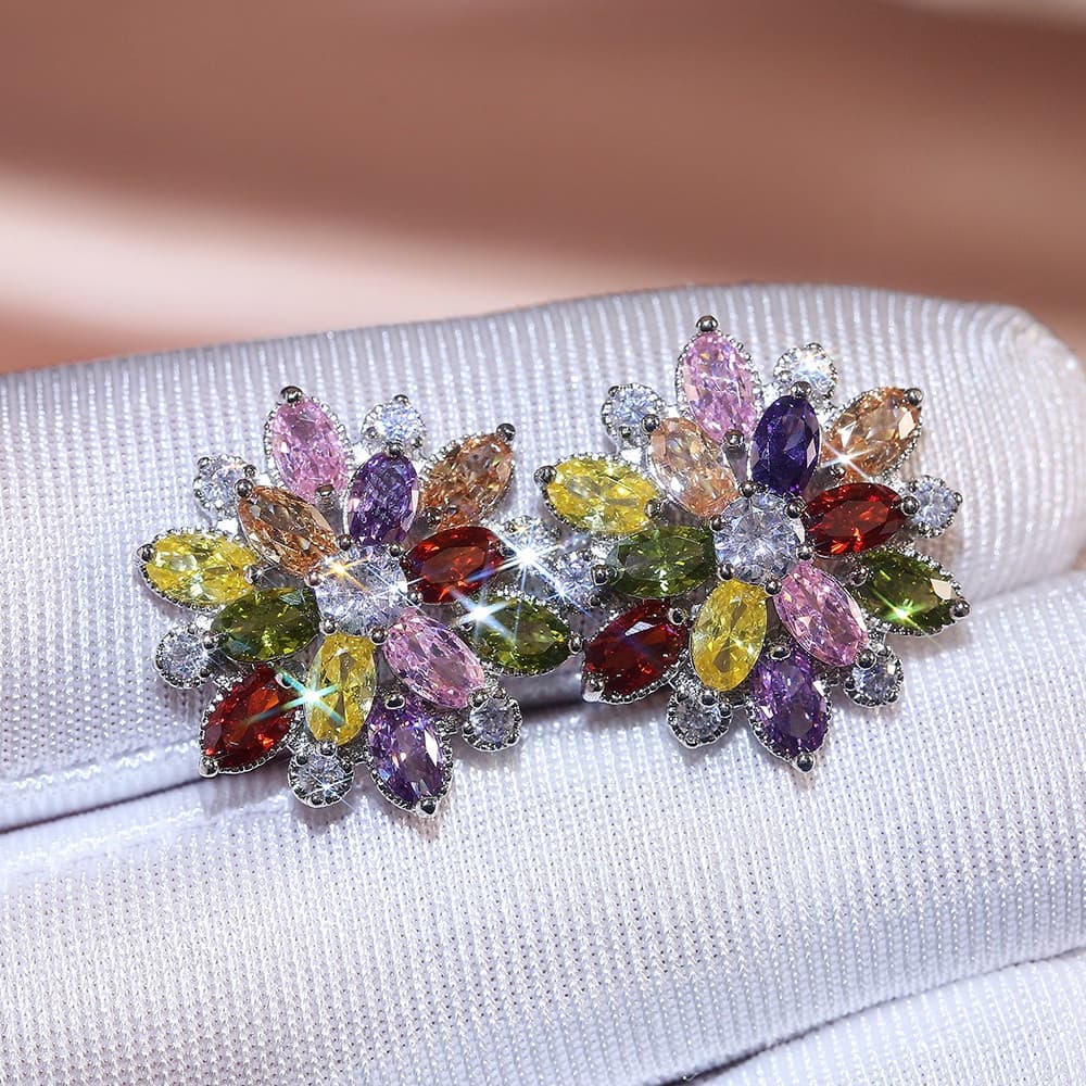 Brincos femininos com flores de camada dupla em prata esterlina 925 100% prata esterlina, 7 cores disponíveis, adequados
