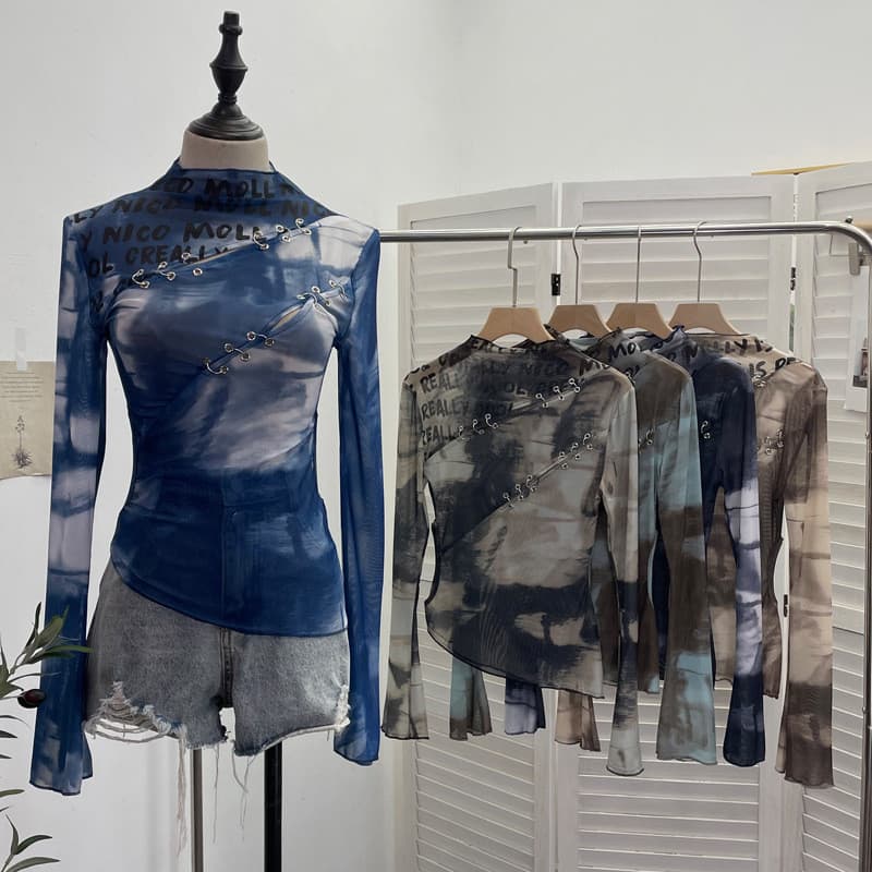 Base de manga comprida camiseta oca estampada gaze Irregular Top menina quente