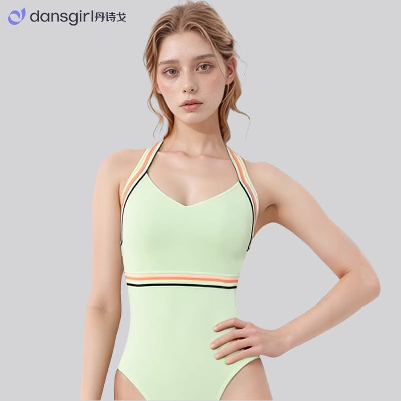 Dan Shige novo estilo Halterneck listras coloridas cinto decorativo Ballet de uma peça dança adulto prática terno terno