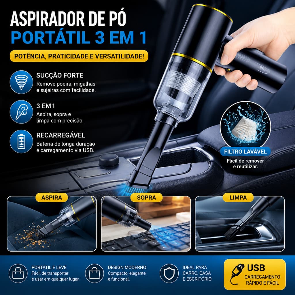 Mini Aspirador de Pó Portátil Sem Fio 3 em 1 Recarregável USB Aspirador a Vácuo para Carro Casa e Teclado