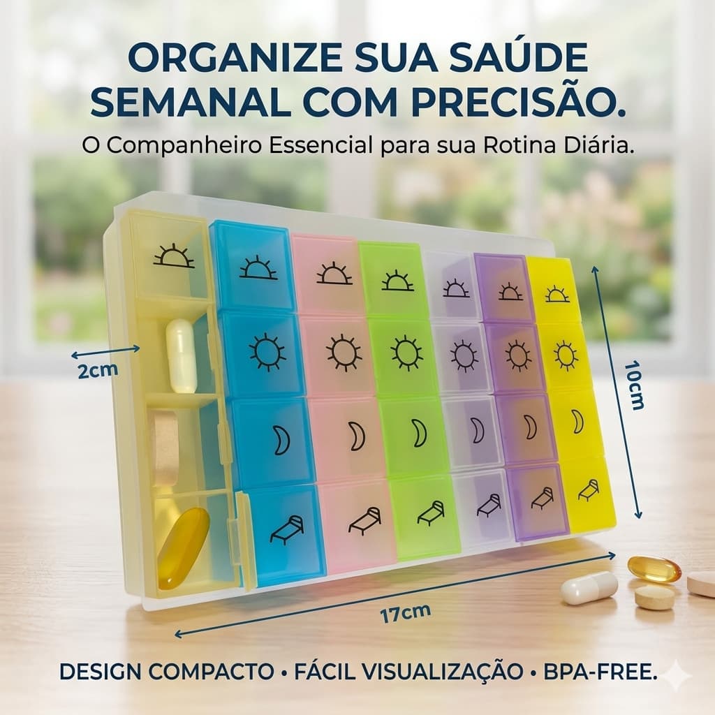 Porta Comprimidos Semanal 28 divisórias - Organizador de Remédio, Medicamento e Suplemento