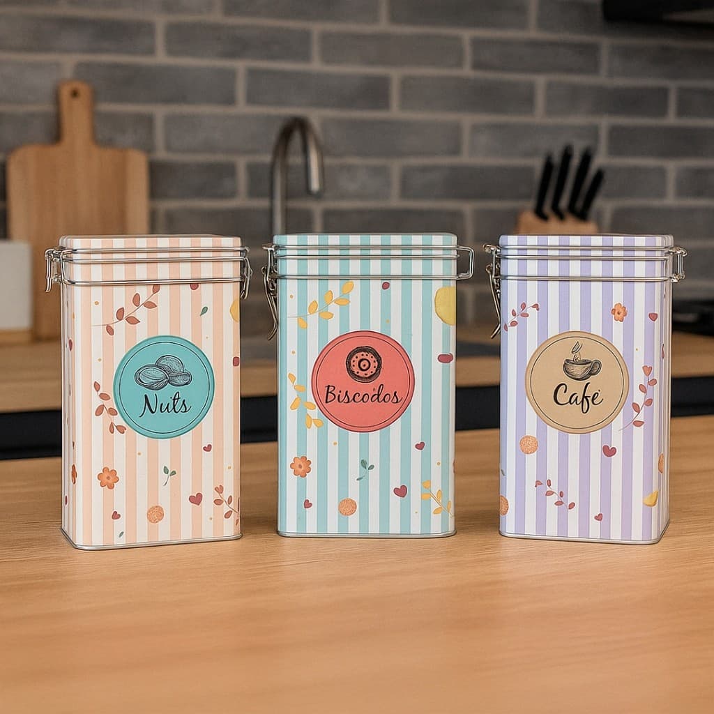 Kit 3 Potes de Metal Retrô Herméticos para Mantimentos – Café, Biscoitos e Nuts Armazenamento