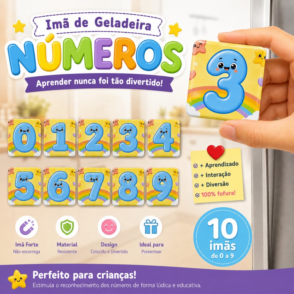 Imã de Geladeira Números Infantil Educativo Kit 10 Peças Colorido Aprendizado Crianças Montessori
