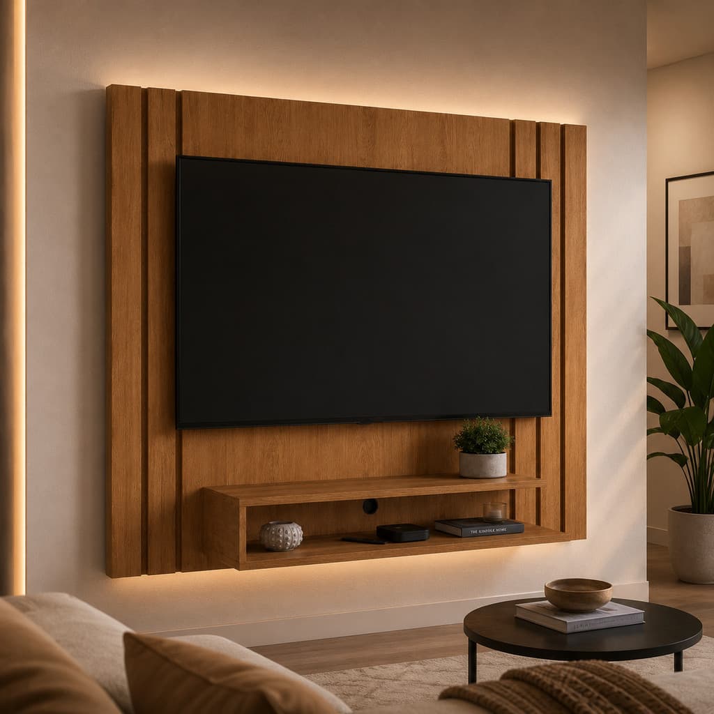 Painel para TV 50 Polegadas Sala Ripado com Nichos – Design Moderno e Estrutura em MDP - Cedro