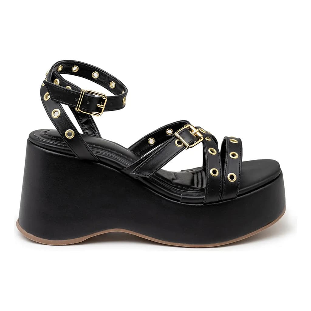 Sandália Feminina Anabela Plataforma Tiras Ilhós 9100 Preto