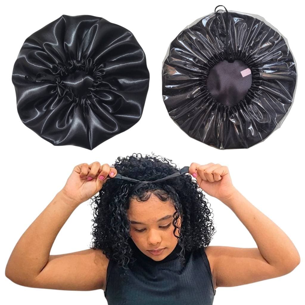 Kit Touca de Cetim, Touca de Banho com Cetim e Afro Puff