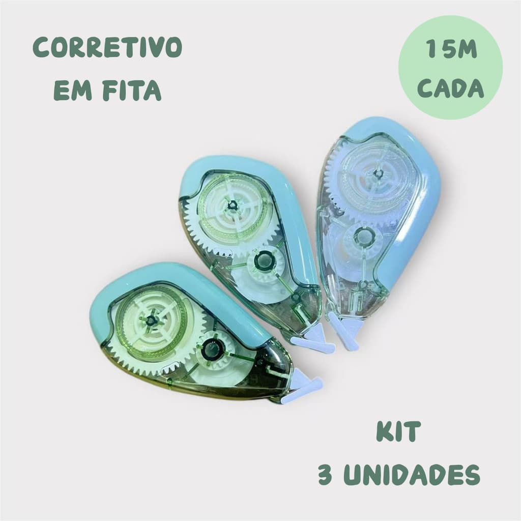 Kit 3 UNIDADES Fitas Corretivas 15m*5MM*3 unidades  Escolar – Verde e Roxo  rendimento prolongado