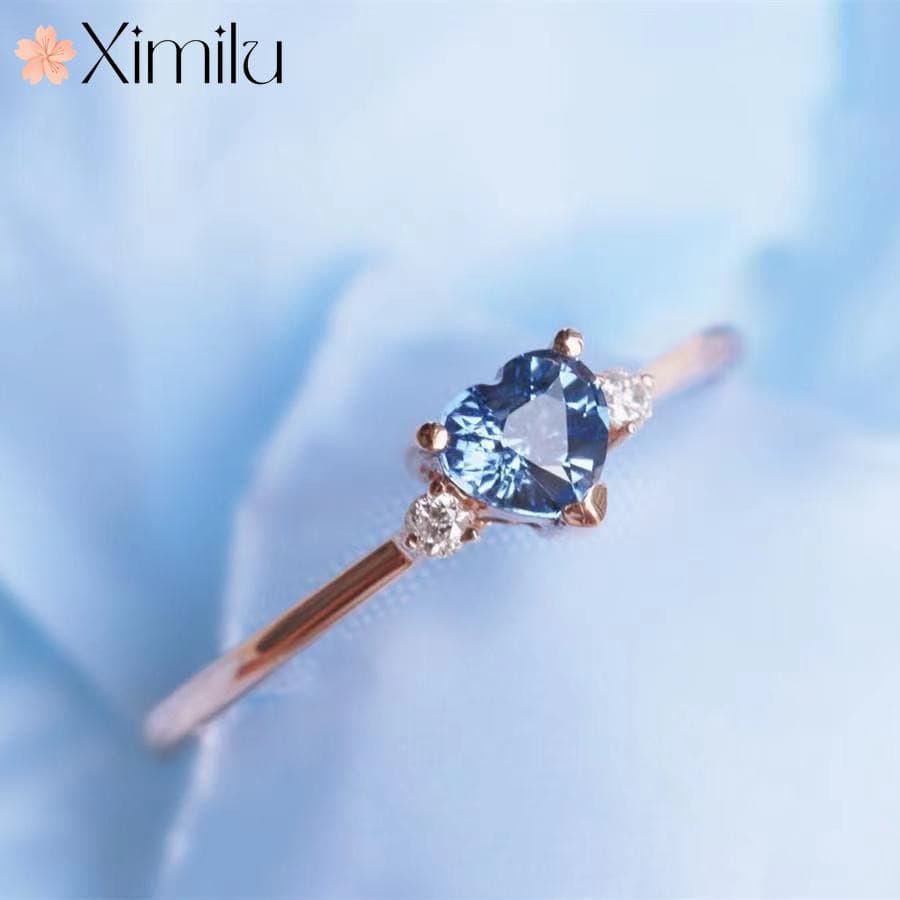 ♥ Anel de ouro rosa em forma de coração água-marinha Original feminino topázio azul simples joias da moda