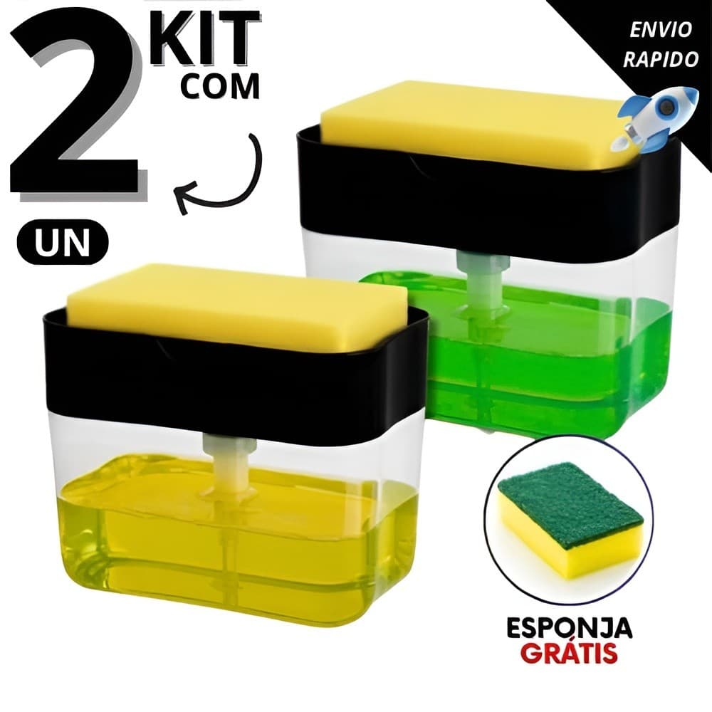 Kit 2 Dispenser de Detergente Porta Sabão Líquido com Suporte Para Bucha e Esponja Limpeza Cozinha