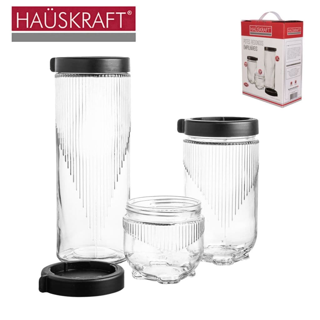 CONJ 3 POTES REDONDOS EMPILHAVEIS TAMPA PRETA 450ML/900ML/1,4L