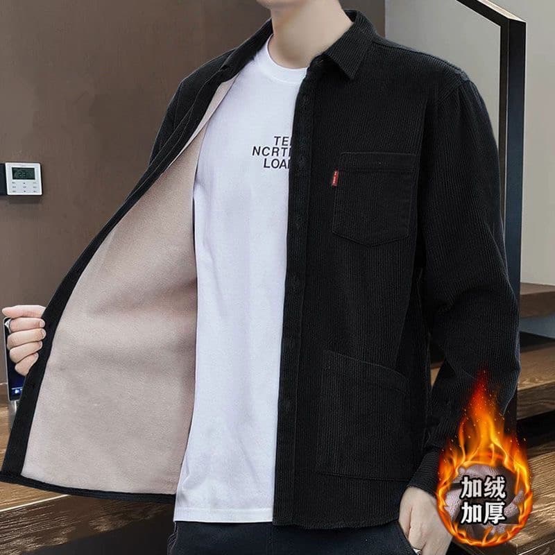 Outono inverno camisa de veludo forro de lã masculino engrossado quente fino-ajuste Multi-bolso Workwear Casual manga co