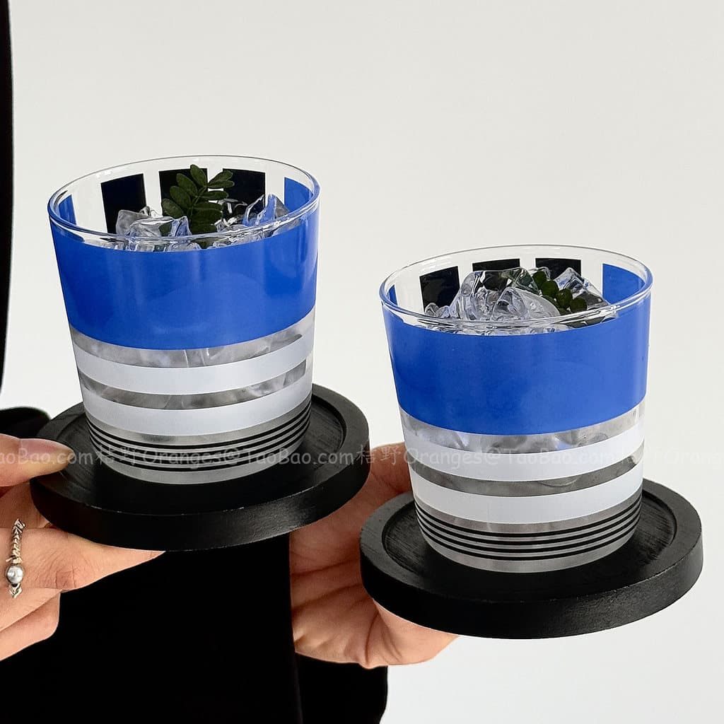 Laranjas verão tira azul preguiçoso azul estilo náutico copo de vidro gelo americano xícara de café suco bebida copo beb