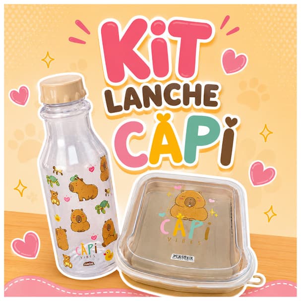 Kit Lancheira Capivara Plasútil 02 Peças Sanduicheira + Garrafa Infantil Retrô 500ml CapiVibes
