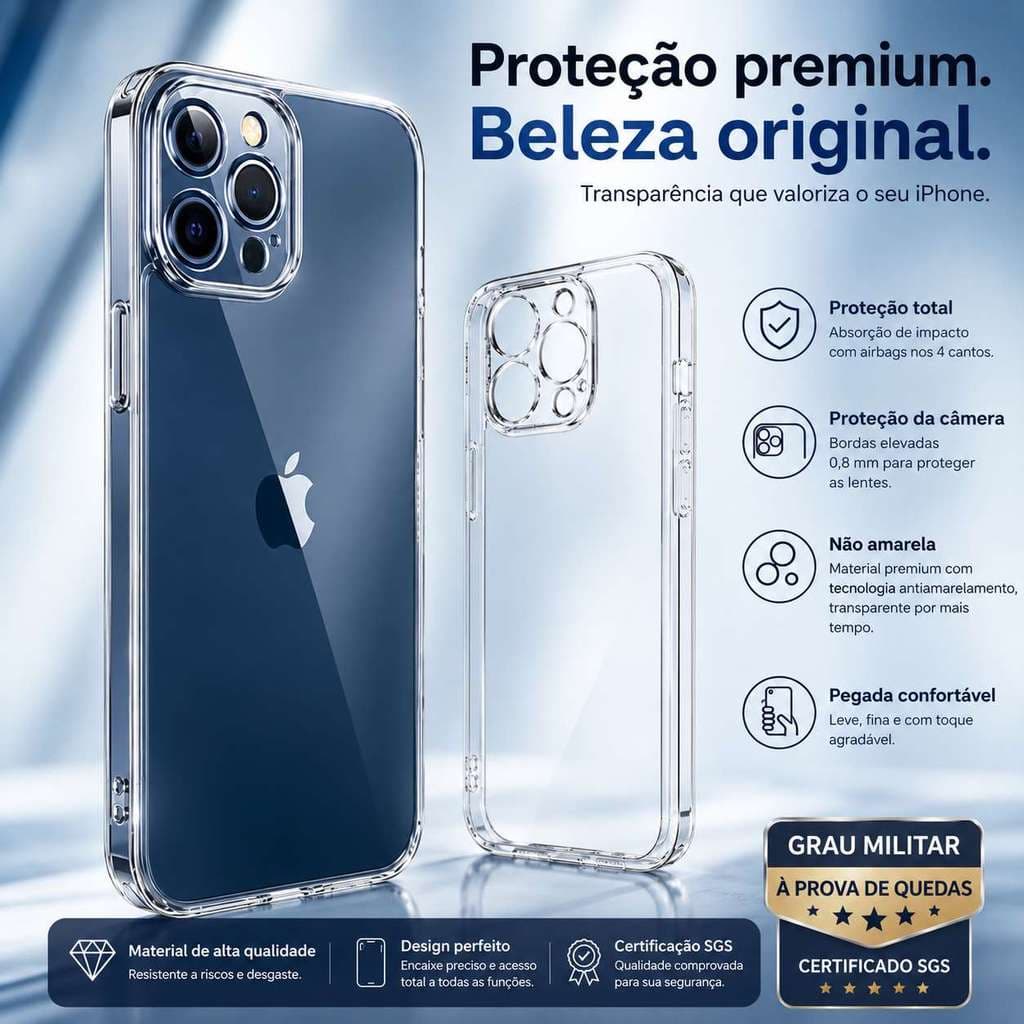 Capinha  Transparente Antiqueda Premium Não Amarela Proteção de Câmera