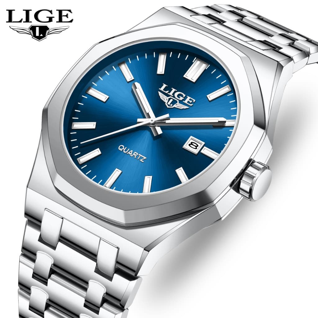 LIGE Men Watch Original Luminoso Aço Inoxidável Negócios Relógios Impermeáveis