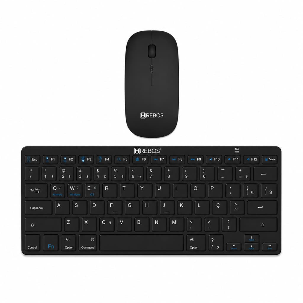 Kit Teclado e Mouse Bluetooth Sem Fio HREBOS IF-751 Preto Compatível com Mac iOS Android Windows Recarregável Slim Premi