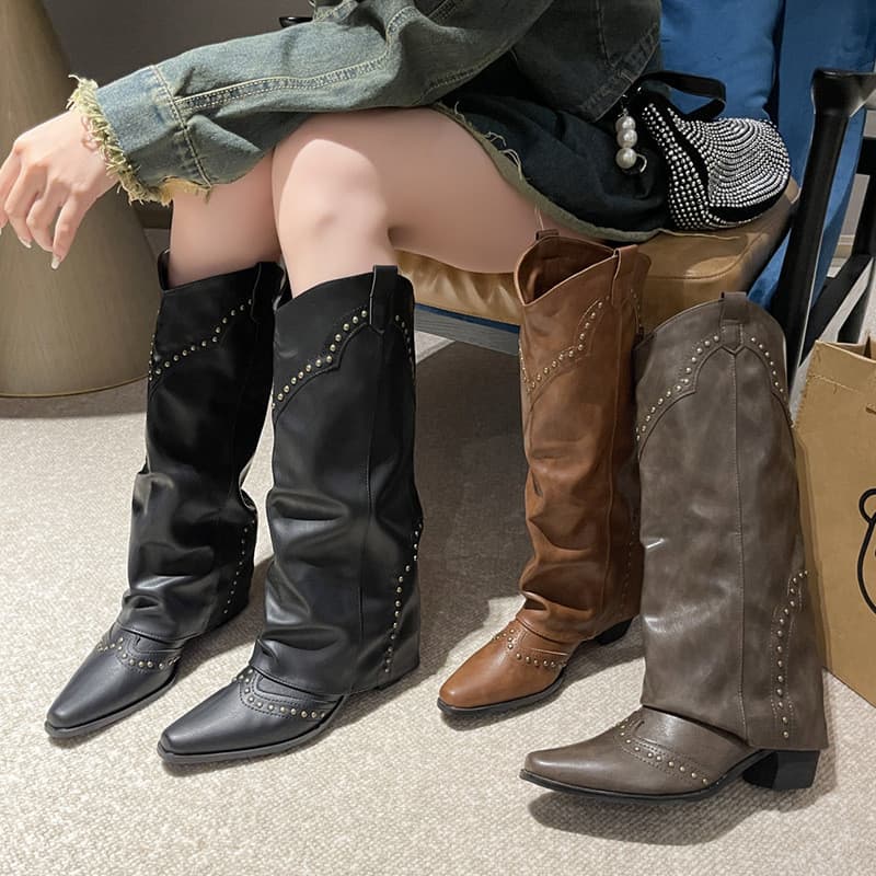 Botas de cano curto retrô com rebites marrons, botas francesas femininas, botas de cowboy ocidentais XQ4J