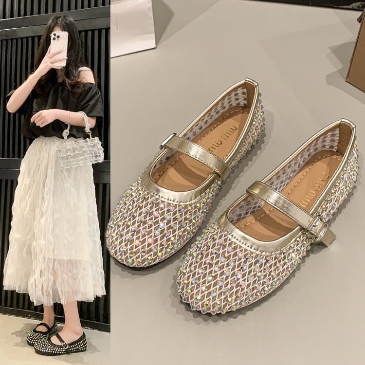 Sapatos Femininos Planos com Bico Redondo, Sola Macia, Detalhes em Malha, Sapatos de Balé Elegantes