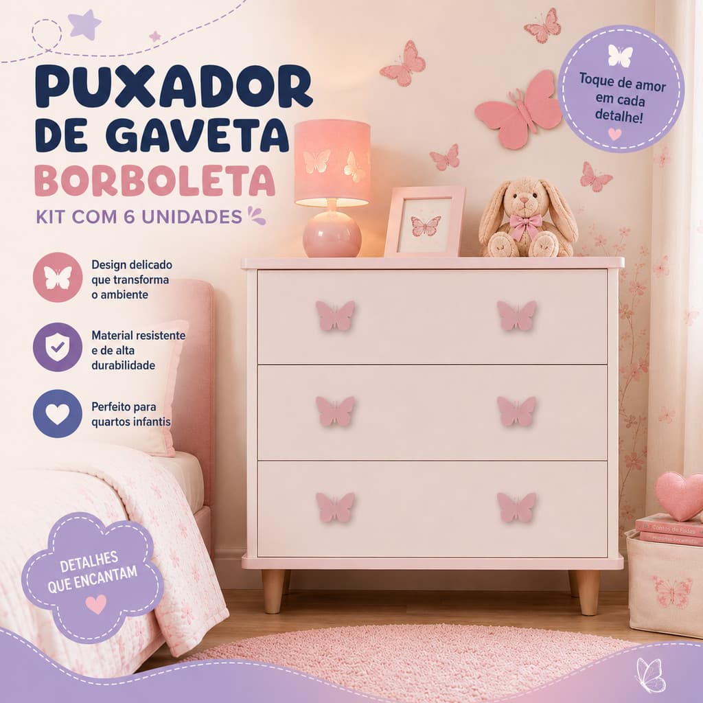 Kit 6 Puxadores Borboleta para Gaveta e Móveis Decorativo Infantil Feminino Luxo