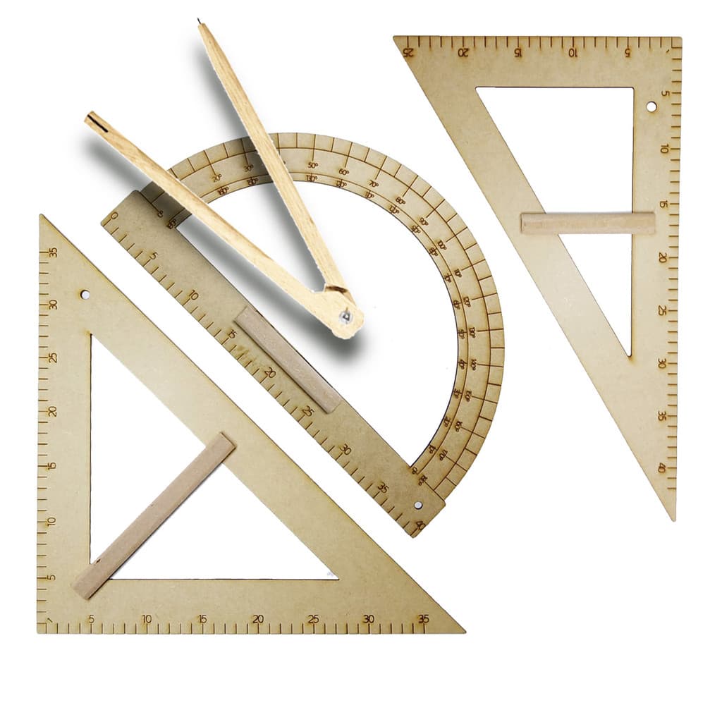 Kit Geométrico do Professor Mdf Compasso Giz + Esquadro 30/60° + Esquadro 45° + Transferidor 180° SOUZA