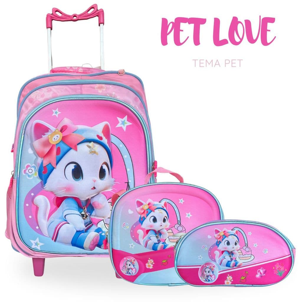 Kit 3 Peças Love Pets – Mochila com rodinhas, lancheira e estojo para a volta às aulas