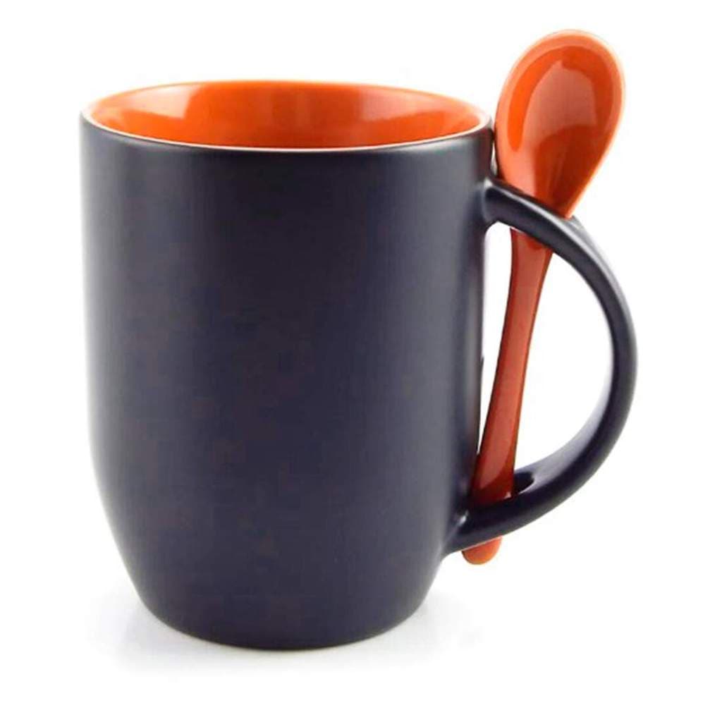 Caneca de Cerâmica Mágica Preto Fosco com Interior e Colher Laranja para Sublimação - 325ml