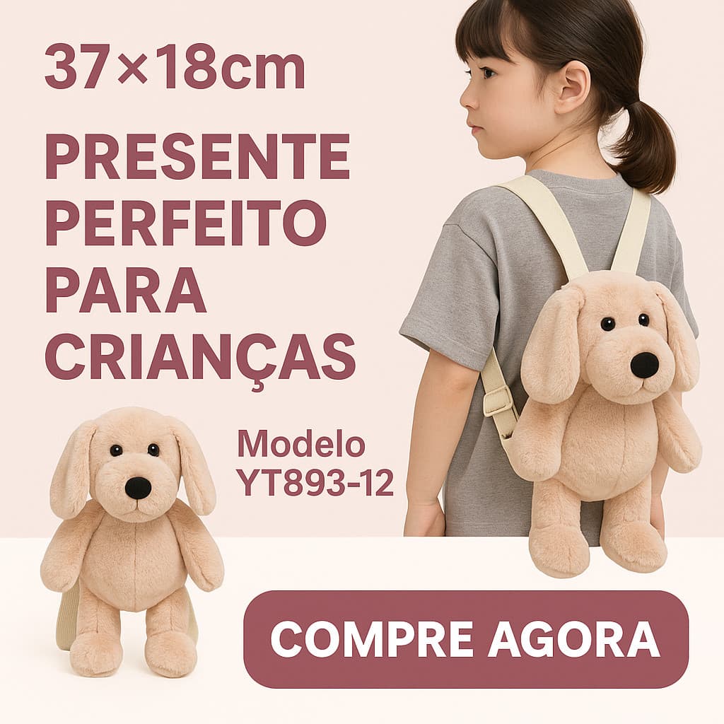 Mochila Infantil de Pelúcia Formato de Cachorrinho 37×18cm Modelo YT893-12 Várias Cores e Super Macia