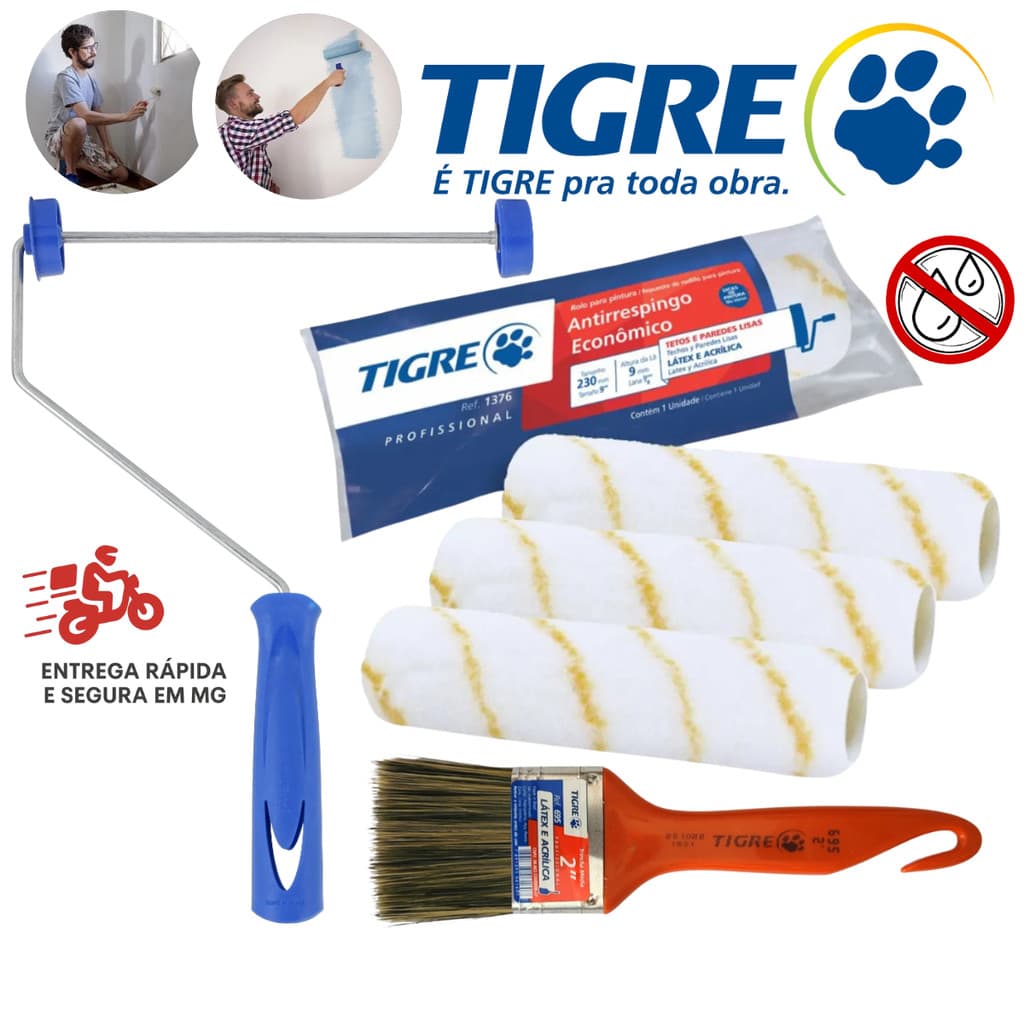 Kit de Pintura Parede Rolo Antirrespingo Suporte Rolo 23cm Trincha Pincel 2" Tetos/Paredes Kit Tigre