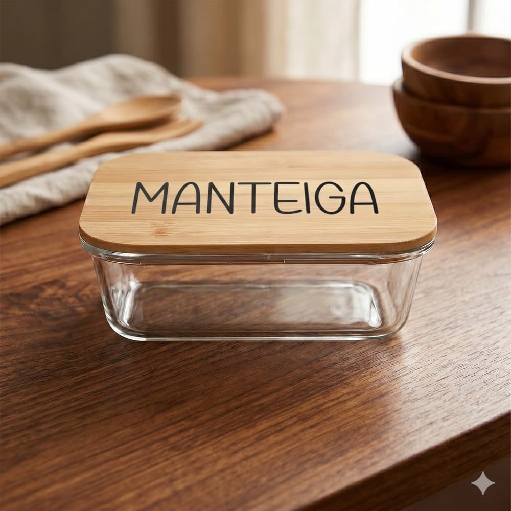 Pote Hermético Vidro e Tampa de Bambu (370 ml) Manteiga
