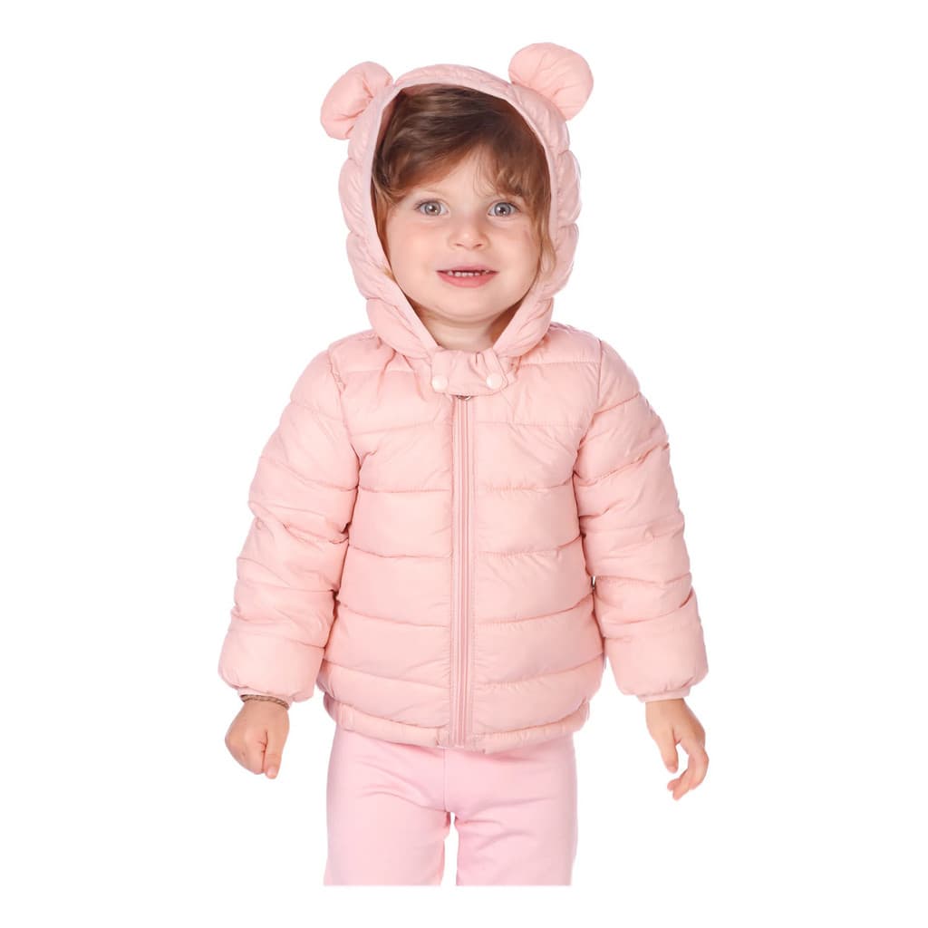 Jaqueta Puffer Bobojaco Bebê C/ Orelhinha Menino Menina Rosa Liso