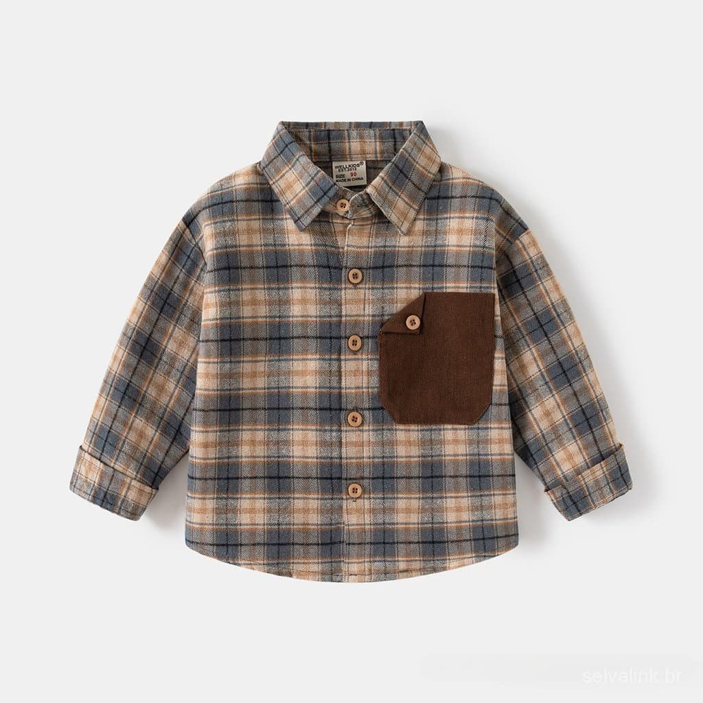 Camisa xadrez de manga longa para meninos de 1 a 6 anos, primavera e outono
