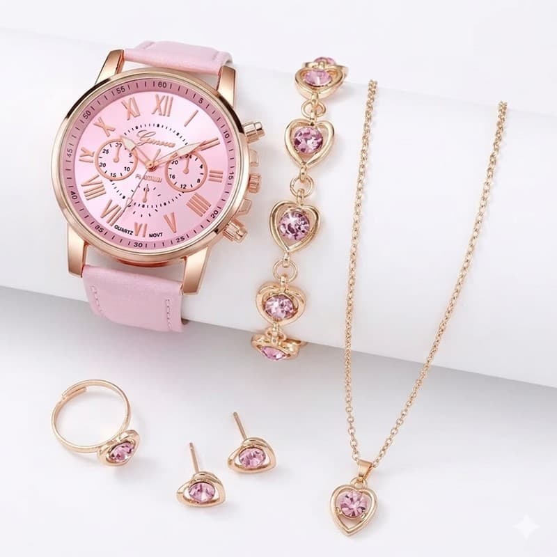 Kit Relógio Feminino Rosa + Pulseiras Luxo Brilhante Coração + Brincos + Anel (6 Peças)