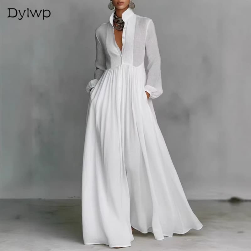Vestido Maxi Feminino Branco Com Gola Alta E Manga Comprida Botões Fluido Plissado Bolsos