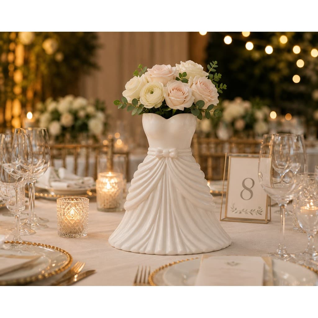 Vaso Decorativo Vestido de Noiva P/ Flores – Centro de Mesa P/ Casamento, Noivado e Festa de 15 Anos