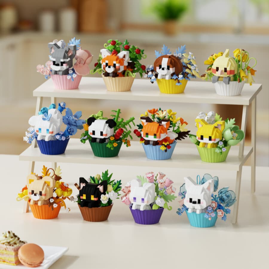 Micro blocos de construção sobremesa Pet vasos plantas Panda filhote de cachorro série Animal blocos de construção educa