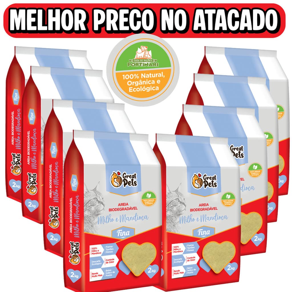 Kit 4 ou 8 Areia Milho e Mandioca Biodegradavel Higienica Granulado Fino Great Pets para Gatos 2kg