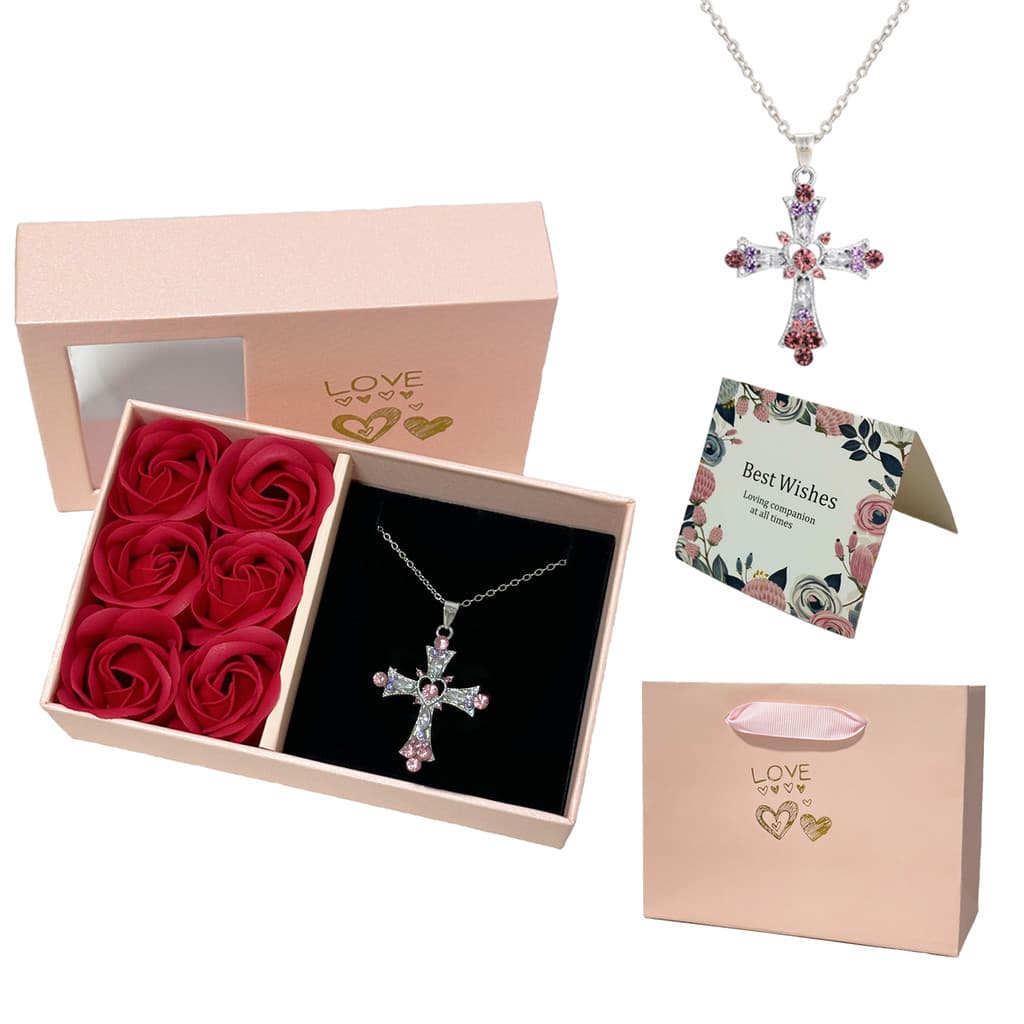 Colar pingente de cruz brilhante com pedras rosas, acessório feminino, caixa de rosas eternas para presente de namorada