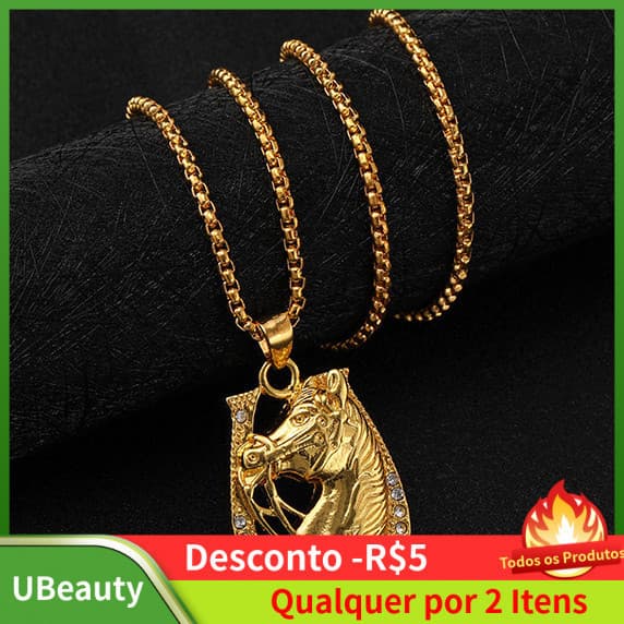 Colar de Cavalo para Mulheres e Homens, Cabeça de Cavalo Dourada Estilo Hip Hop, Colar de Cowboy