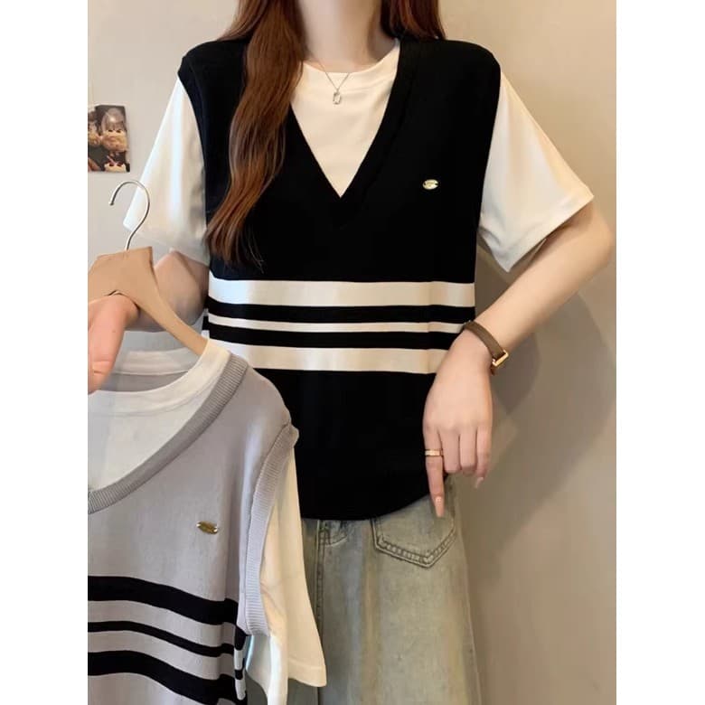 Solto mais magro olhar [40-100kg] cor contrastante falso listrado de duas peças de manga curta camiseta feminina estilo