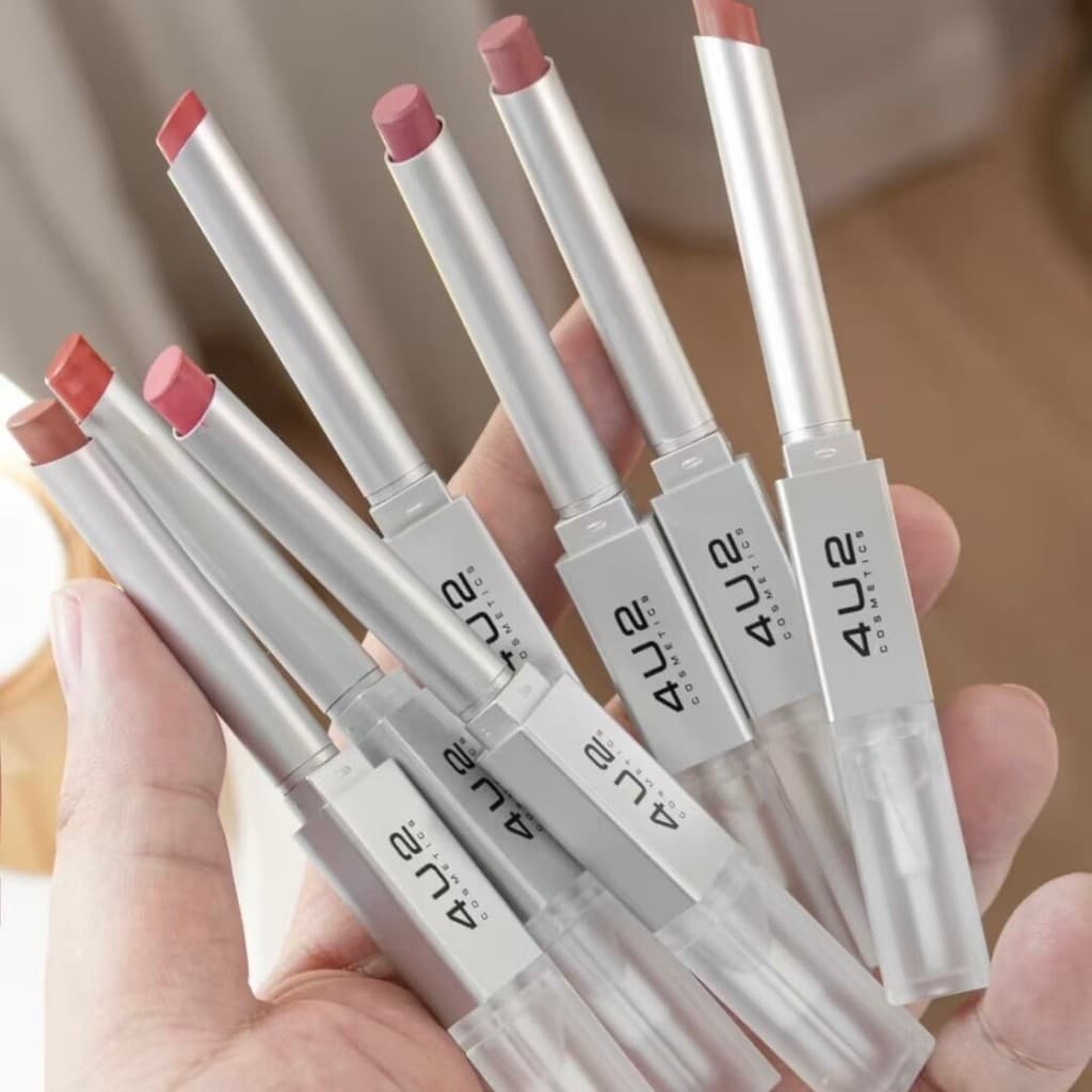 Tailândia 4u2 batom de duas cabeças esmalte labial espelho fosco cor Nude vem com capa de chuva de duas cabeças